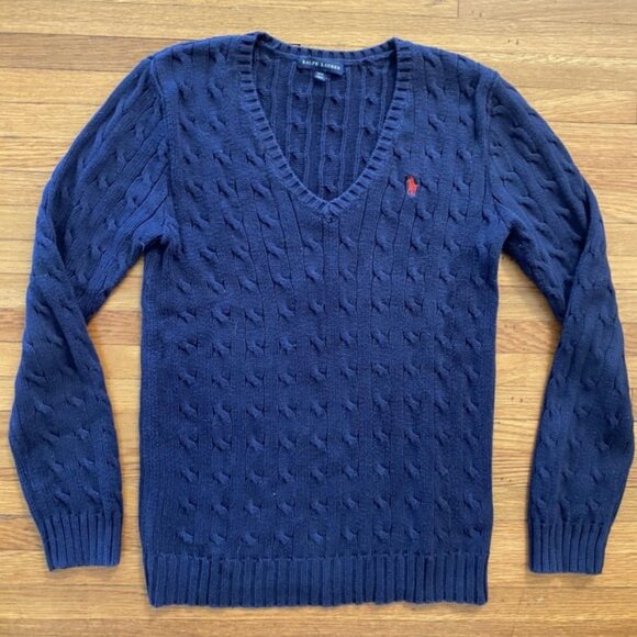 Vtg Ralph Lauren Sweater Womens Medium Navy Cable Knit V Neck Red Pony Pullover - Picture 1 of 10